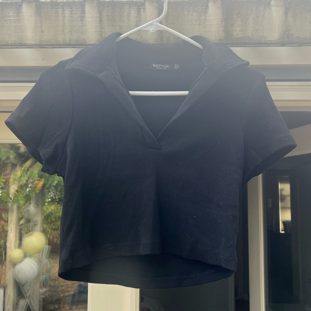 Nasty Gal Black Collared Crop Top